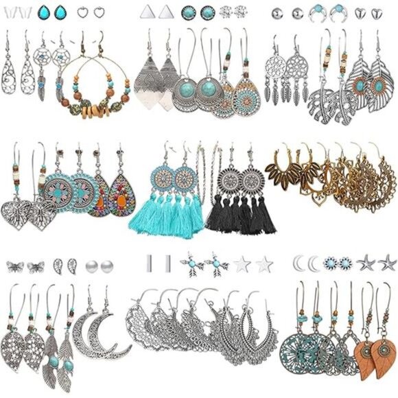45 Pairs Vintage Silver Drop Dangle Earrings Set for Women Bohemian Bronze - Picture 7 of 7